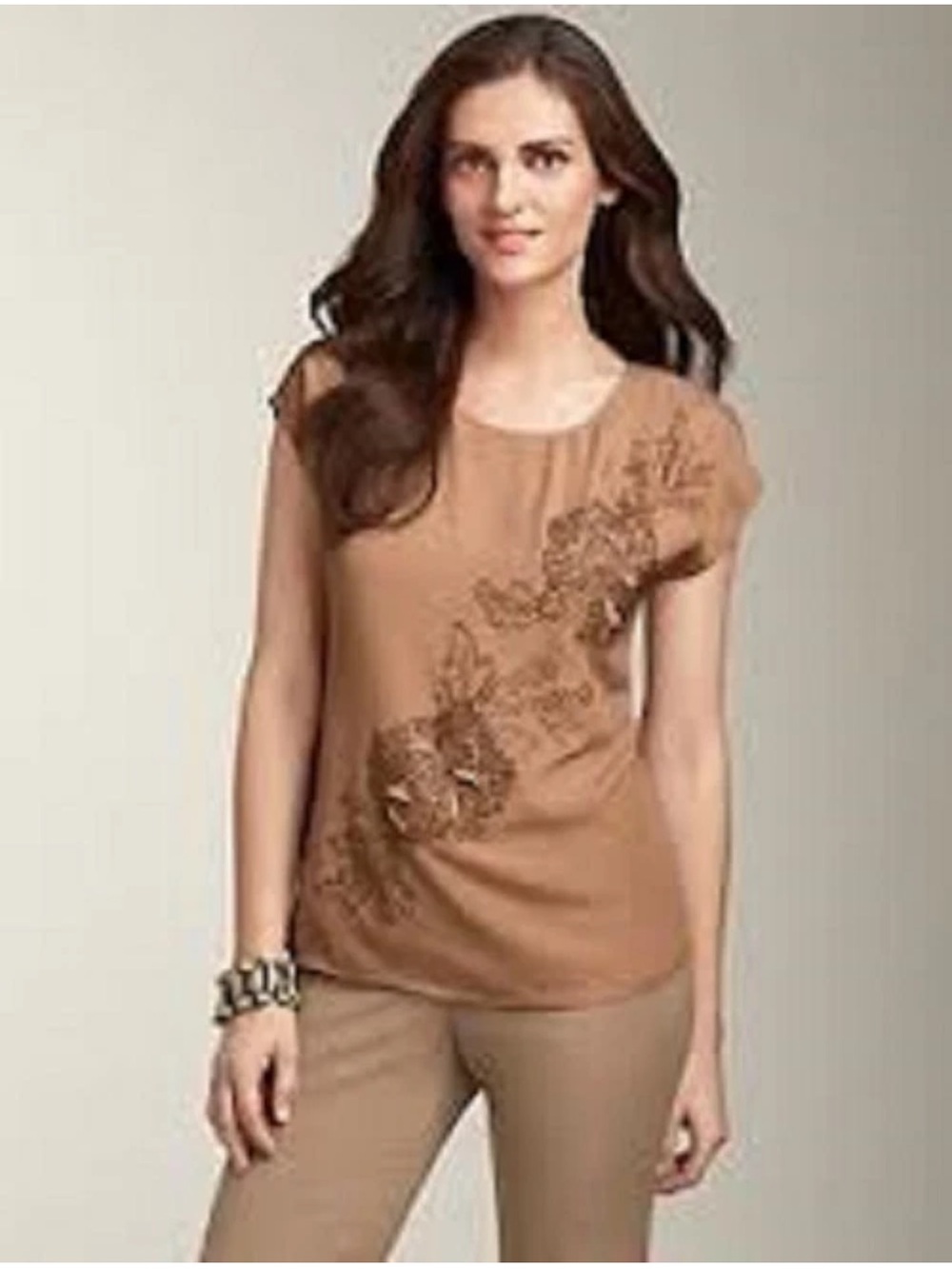 Talbots Tan Short-Sleeve Embroidered Floral Top